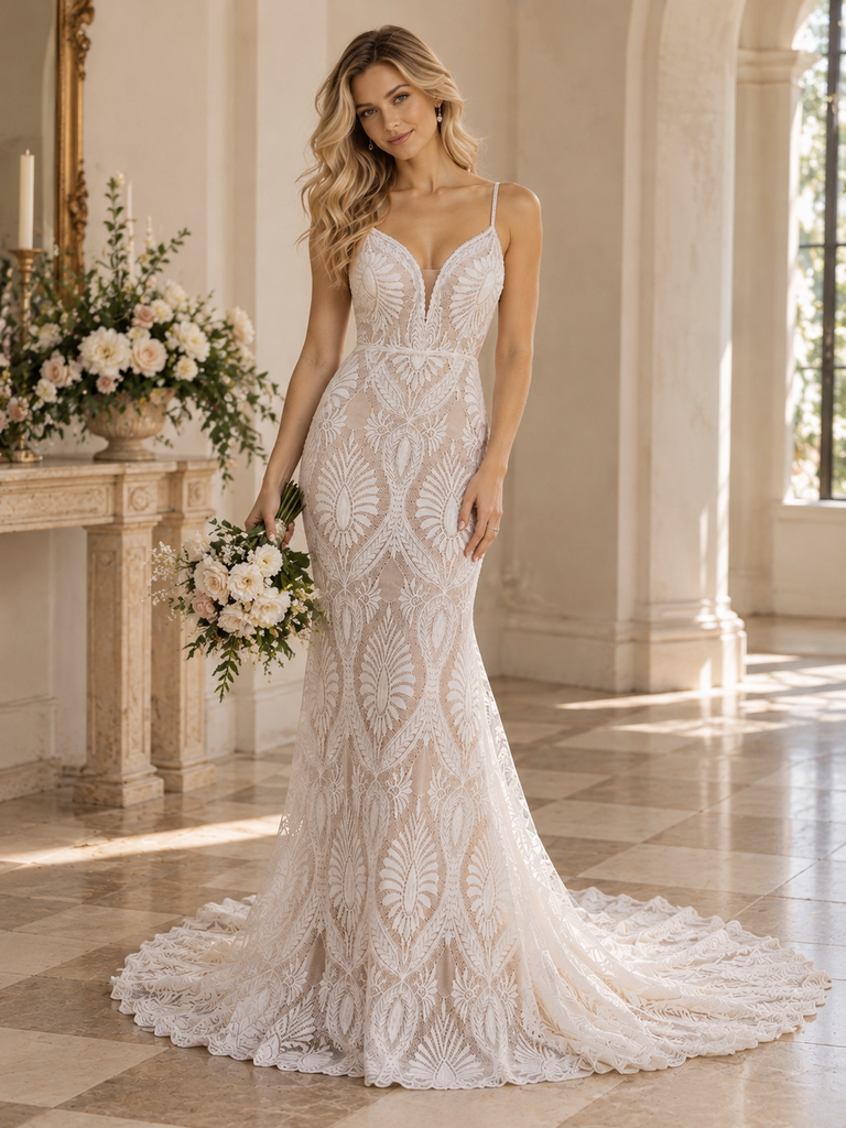 Artisanal Spaghetti Strap V-Neck Geometric Lace Sheath Wedding Dress,WD0422