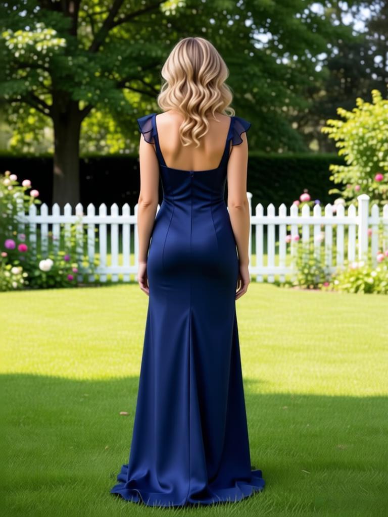 Dark-Navy Ruffles Side Slit Sleeveless Satin Mermaid Long Prom Party Dress,PDS118480