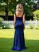 Dark-Navy Ruffles Side Slit Sleeveless Satin Mermaid Long Prom Party Dress,PDS118480