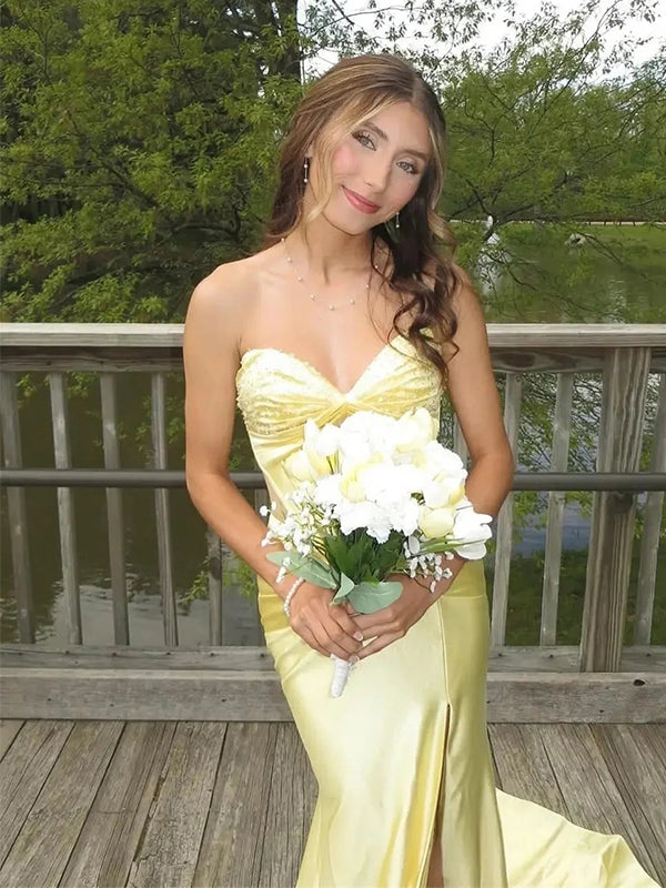 Pretty Yellow V-Neck Sleeveless  Side Slit Satin Mermaid Long Prom Party Dress,PDS11807