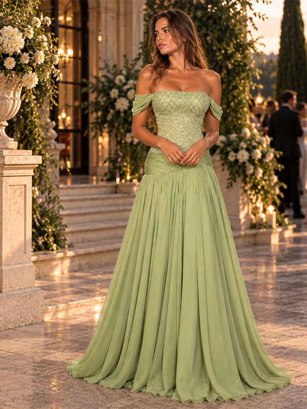 Sparkly Beaded Chiffon Off Shoulder Flowy A-Line Evening Dress,PDS118663