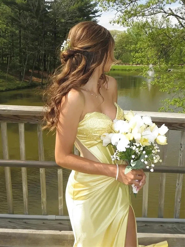 Pretty Yellow V-Neck Sleeveless  Side Slit Satin Mermaid Long Prom Party Dress,PDS11807