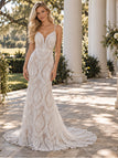 Artisanal Spaghetti Strap V-Neck Geometric Lace Sheath Wedding Dress,WD0422