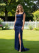 Dark-Navy Ruffles Side Slit Sleeveless Satin Mermaid Long Prom Party Dress,PDS118480
