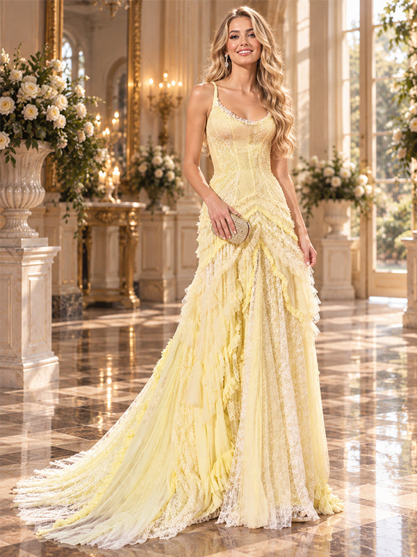 Pale Yellow Lace Tulle Spaghetti Strap Tiered Ruffle A Line Prom Dress With Train,PDS118567