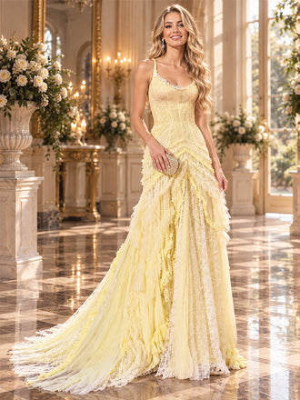 Pale Yellow Lace Tulle Spaghetti Strap Tiered Ruffle A Line Prom Dress With Train,PDS118567