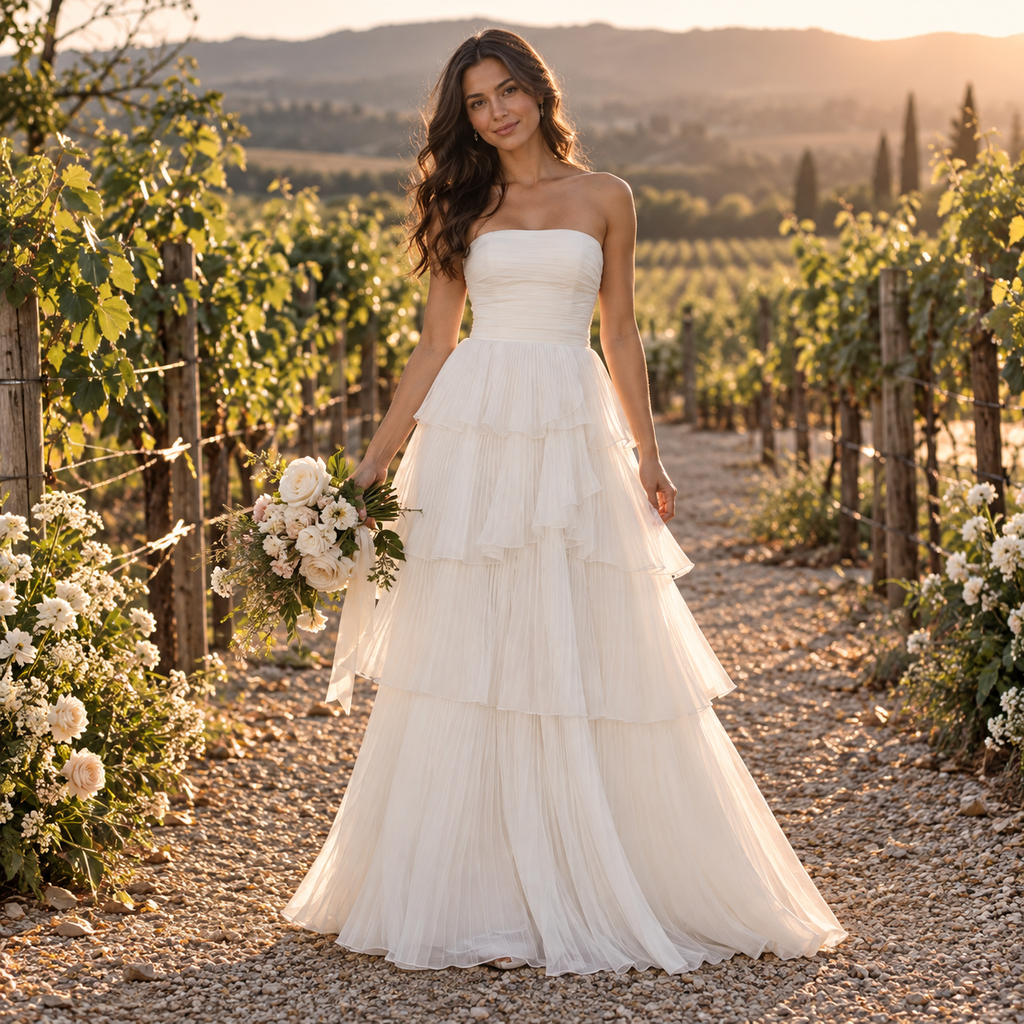 Whimsical Strapless Ruched Tiered Ruffled Chiffon A-Line Wedding Dress,WD0423