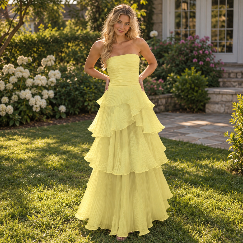 Soft Chiffon Strapless Tiered Ruffle Pleated Long Prom Dress,PDS118664