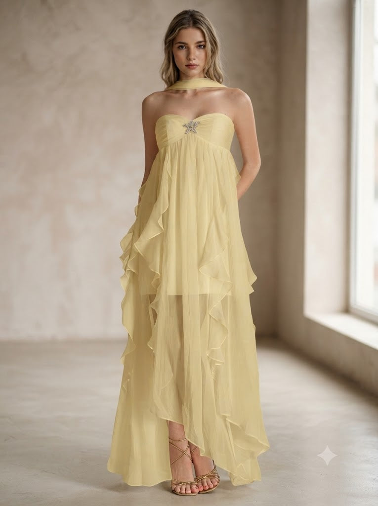 Soft Chiffon Halter Ruffled Sweetheart Flowy Long Bridesmaid Dress,PDS118735