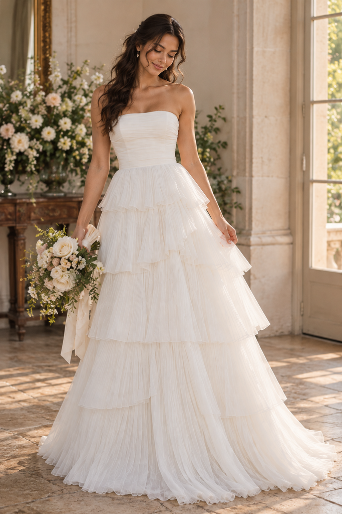 Whimsical Strapless Ruched Tiered Ruffled Chiffon A-Line Wedding Dress,WD0423
