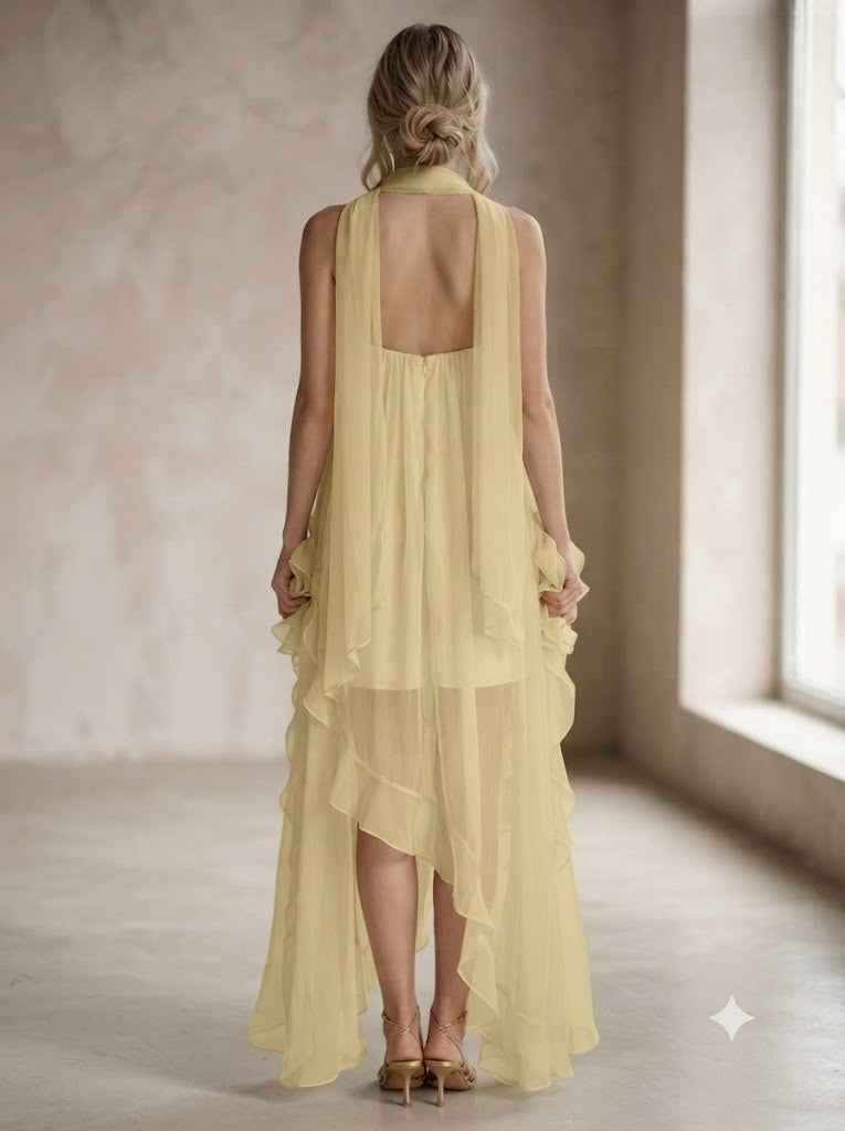 Soft Chiffon Halter Ruffled Sweetheart Flowy Long Bridesmaid Dress,PDS118735