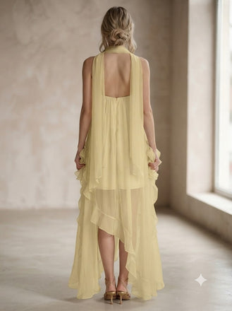 Soft Chiffon Halter Ruffled Sweetheart Flowy Long Bridesmaid Dress,PDS118735