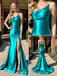 Teal Satin One Shoulder Mermaid Prom Dress With Side Slit,PDS118563
