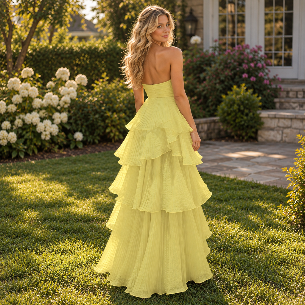 Soft Chiffon Strapless Tiered Ruffle Pleated Long Prom Dress,PDS118664
