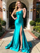 Teal Satin One Shoulder Mermaid Prom Dress With Side Slit,PDS118563