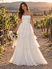 Whimsical Strapless Ruched Tiered Ruffled Chiffon A-Line Wedding Dress,WD0423