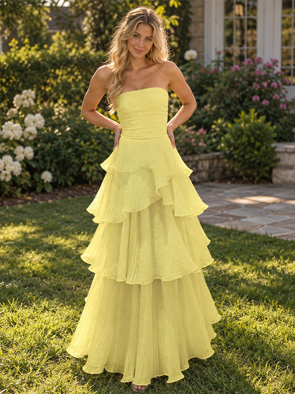 Soft Chiffon Strapless Tiered Ruffle Pleated Long Prom Dress,PDS118664