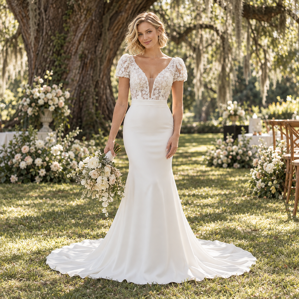 Radiant V-Neck Puff Short Sleeve Lace Bodice Satin Mermaid Wedding Dress,WD0424