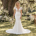 Radiant V-Neck Puff Short Sleeve Lace Bodice Satin Mermaid Wedding Dress,WD0424