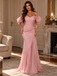 Luxury Blush Pink Chiffon Off Shoulder Puff Sleeve Mermaid Long Wedding Guest Dress,PDS118806