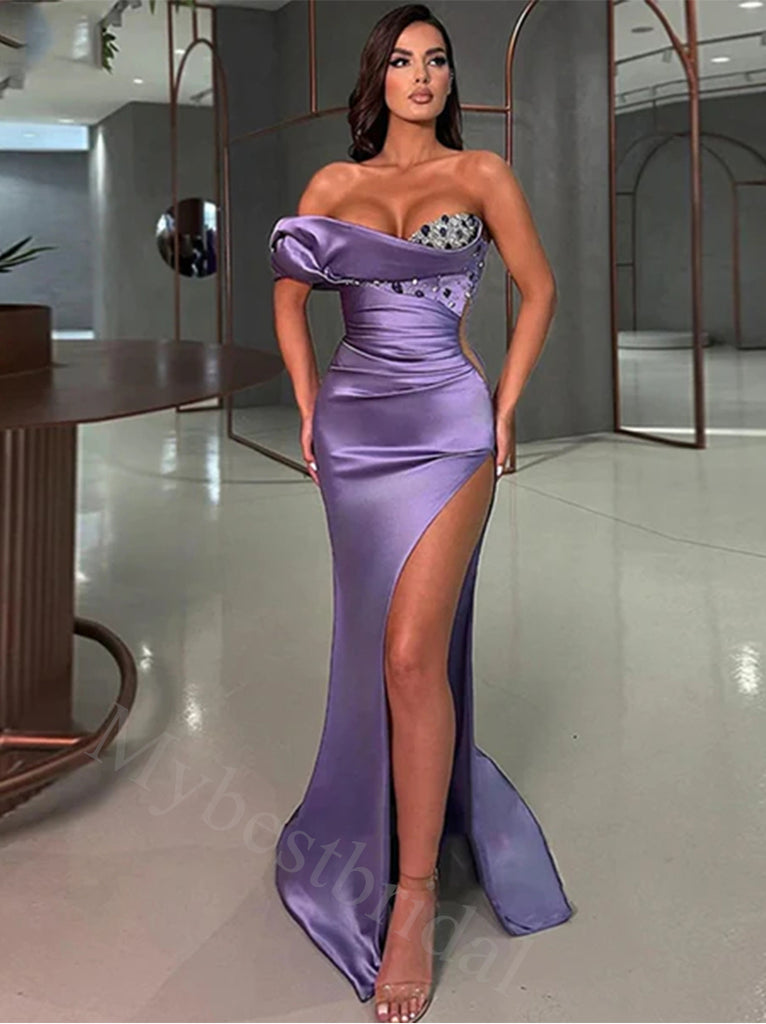 Elegant One shoulder Sleeveless Side slit Mermaid Long Floor Length Prom Dress,PDS11450