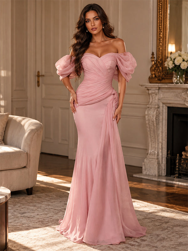 Luxury Blush Pink Chiffon Off Shoulder Puff Sleeve Mermaid Long Wedding Guest Dress,PDS118806