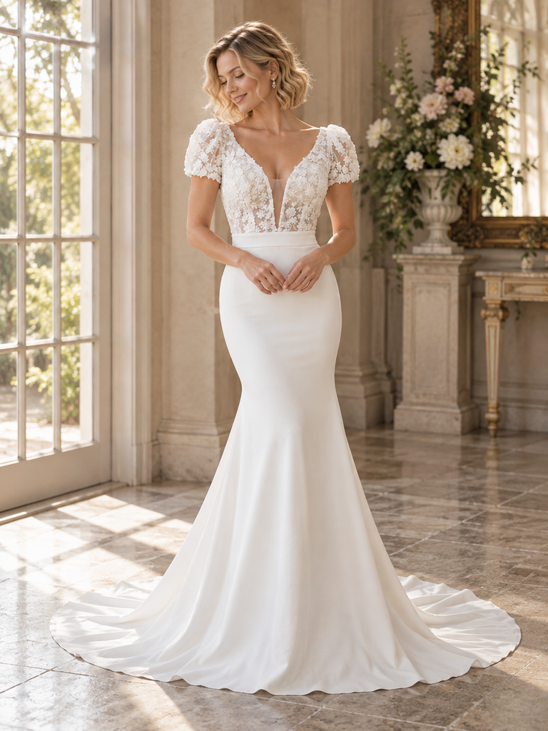 Radiant V-Neck Puff Short Sleeve Lace Bodice Satin Mermaid Wedding Dress,WD0424