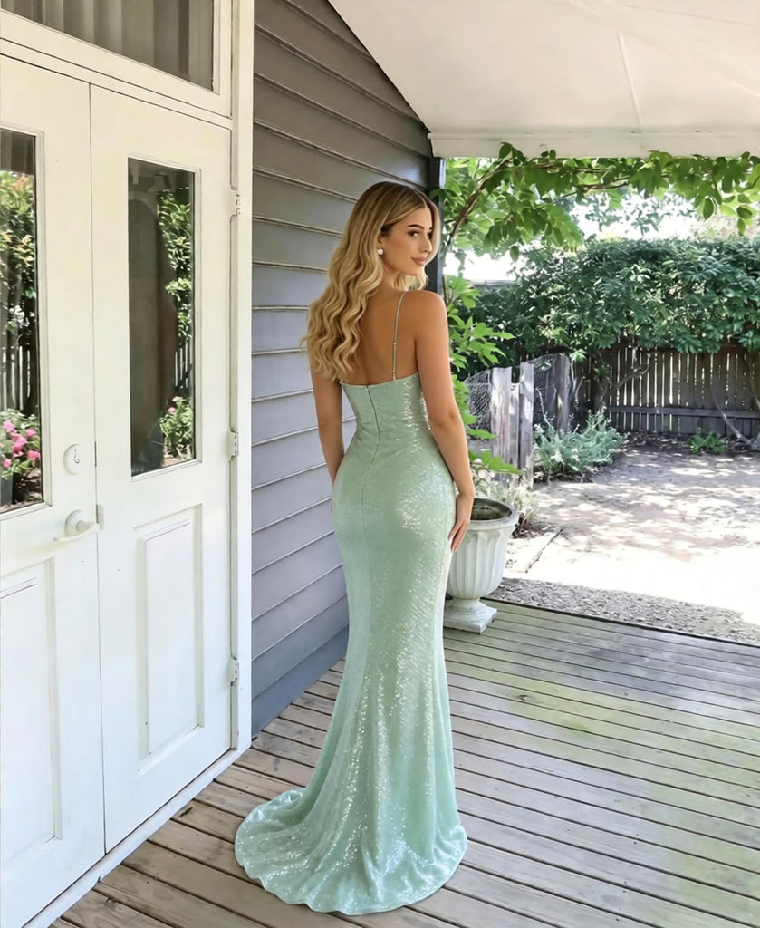 Sage Green Glitter Sequin Spaghetti Strap V Neck Mermaid Evening Dress,PDS118564