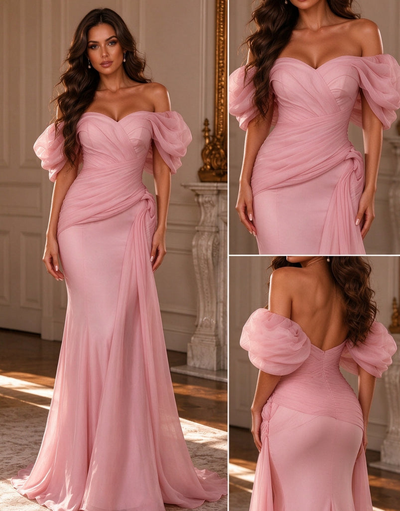 Luxury Blush Pink Chiffon Off Shoulder Puff Sleeve Mermaid Long Wedding Guest Dress,PDS118806