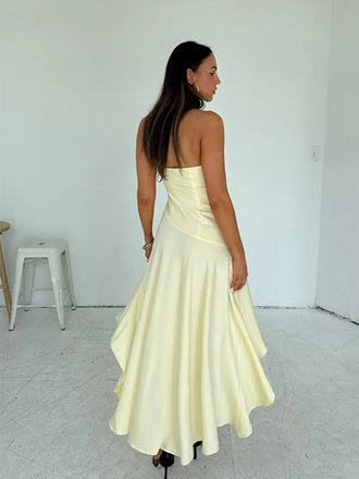Simple Yellow High Low Sleeveless Side Slit A-Line Long Prom Party Dress,PDS11812
