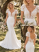 Radiant V-Neck Puff Short Sleeve Lace Bodice Satin Mermaid Wedding Dress,WD0424