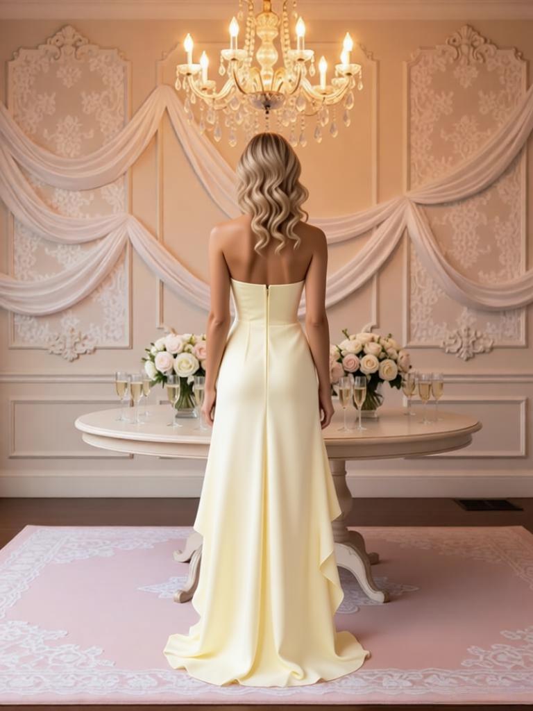 Yellow Satin Ruffles Side Slit Sleeveless High-low Long Prom Party Dress,PDS118482