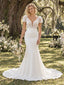 Radiant V-Neck Puff Short Sleeve Lace Bodice Satin Mermaid Wedding Dress,WD0424
