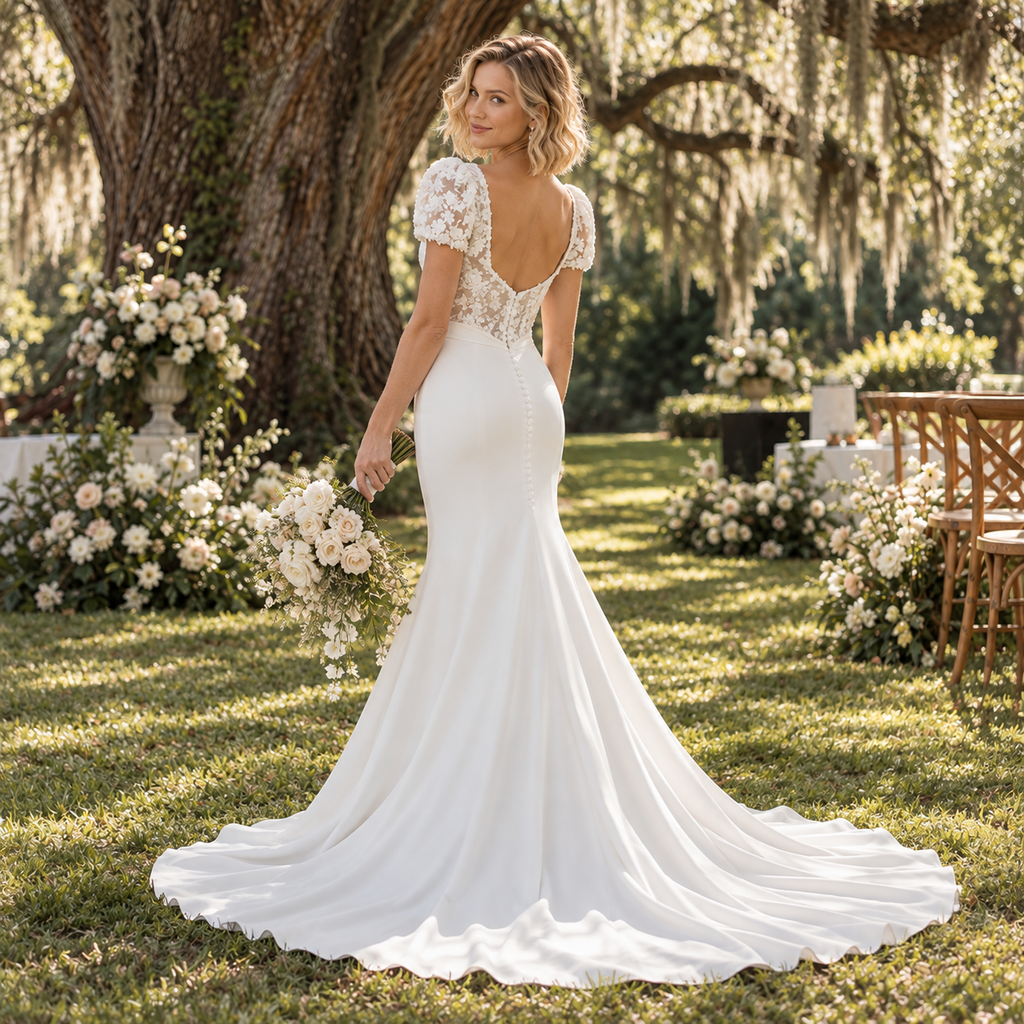 Radiant V-Neck Puff Short Sleeve Lace Bodice Satin Mermaid Wedding Dress,WD0424