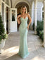 Sage Green Glitter Sequin Spaghetti Strap V Neck Mermaid Evening Dress,PDS118564