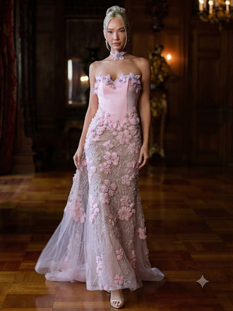 Dreamy 3D Floral Tulle Strapless Beaded Mermaid Long Evening Dress,PDS118737