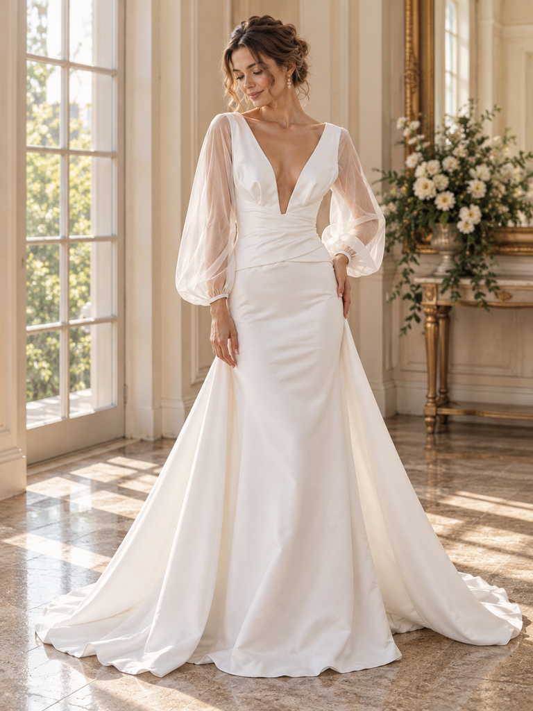 Majestic Deep V-Neck Long Sleeves Satin Overskirt Wedding Dress,WD0425
