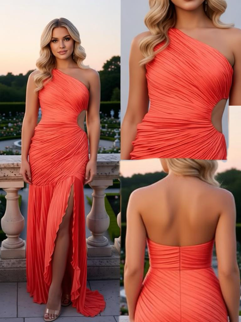 Fashion One Shoulder Satin Ruffles Side Slit Mermaid Sleeveless Long Prom Party Dress,PDS118483