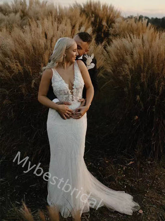 Sexy V-neck Sleeveless Mermaid Floor Length Wedding Dresses, WDY0359