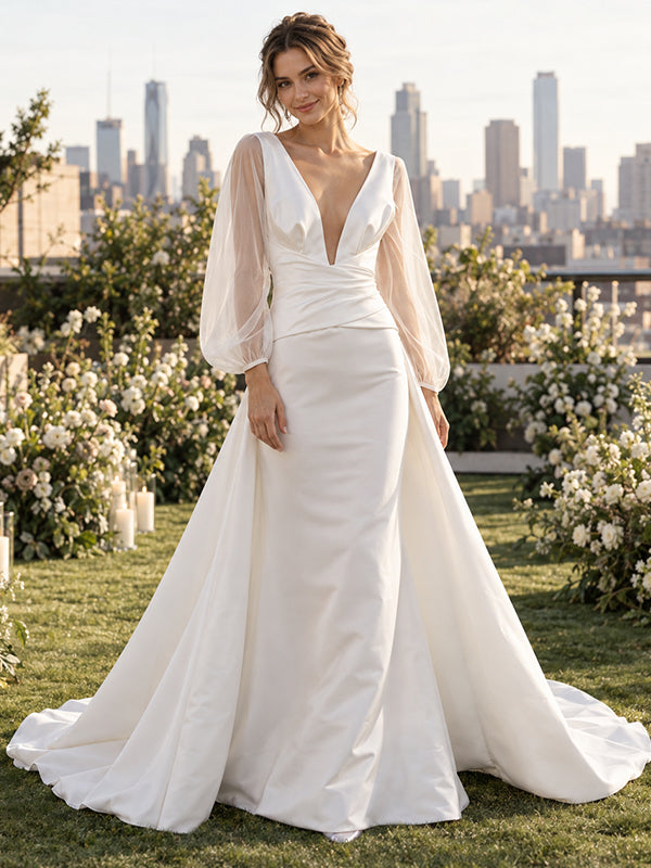 Majestic Deep V-Neck Long Sleeves Satin Overskirt Wedding Dress,WD0425