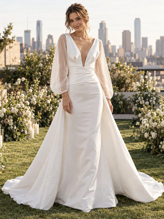 Majestic Deep V-Neck Long Sleeves Satin Overskirt Wedding Dress,WD0425
