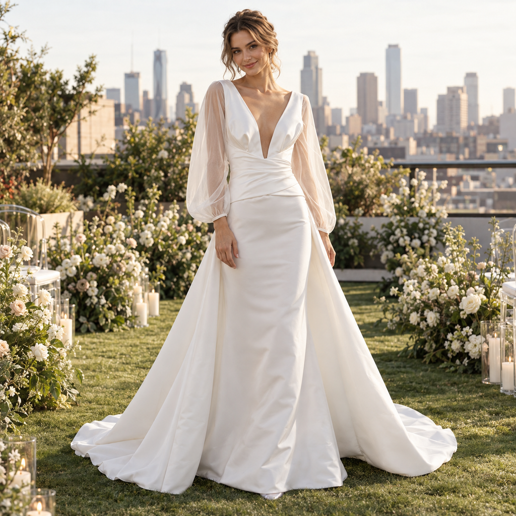 Majestic Deep V-Neck Long Sleeves Satin Overskirt Wedding Dress,WD0425
