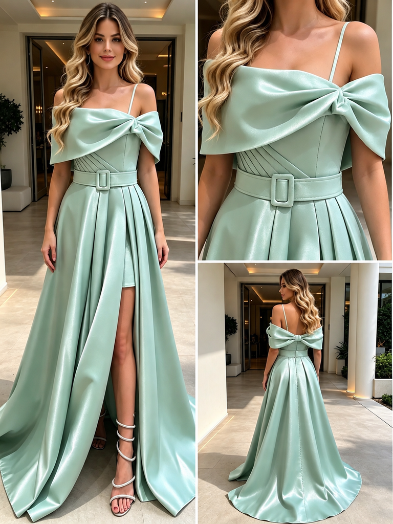 Mint Green Satin Off Shoulder Bow Prom Dress With Detachable Overskirt And Slit,PDS118565