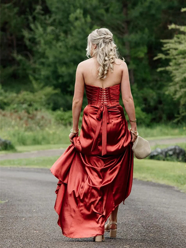 Elegant Rust Strapless Sleeveless Satin Mermaid Long Prom Party Dress,PDS11810