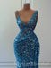 Blue Sparkly V-neck Sleeveless Mermaid Long Prom Dress,PDS1133