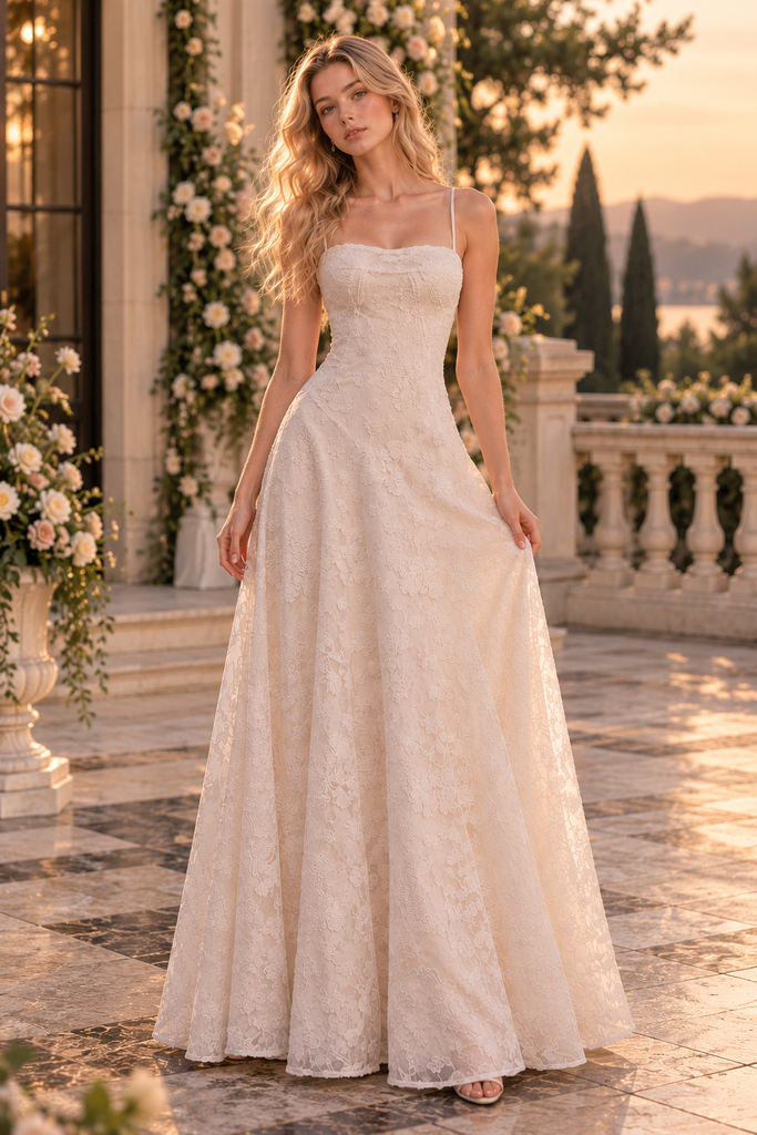Elegant Spaghetti Strap Floral Lace A-Line Long Wedding Guest Dress,PDS118639
