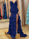 Sparkly Royal Blue Halter Ruffles Side Slit Sleeveless Mermaid Long Prom Party Dress,PDS11774