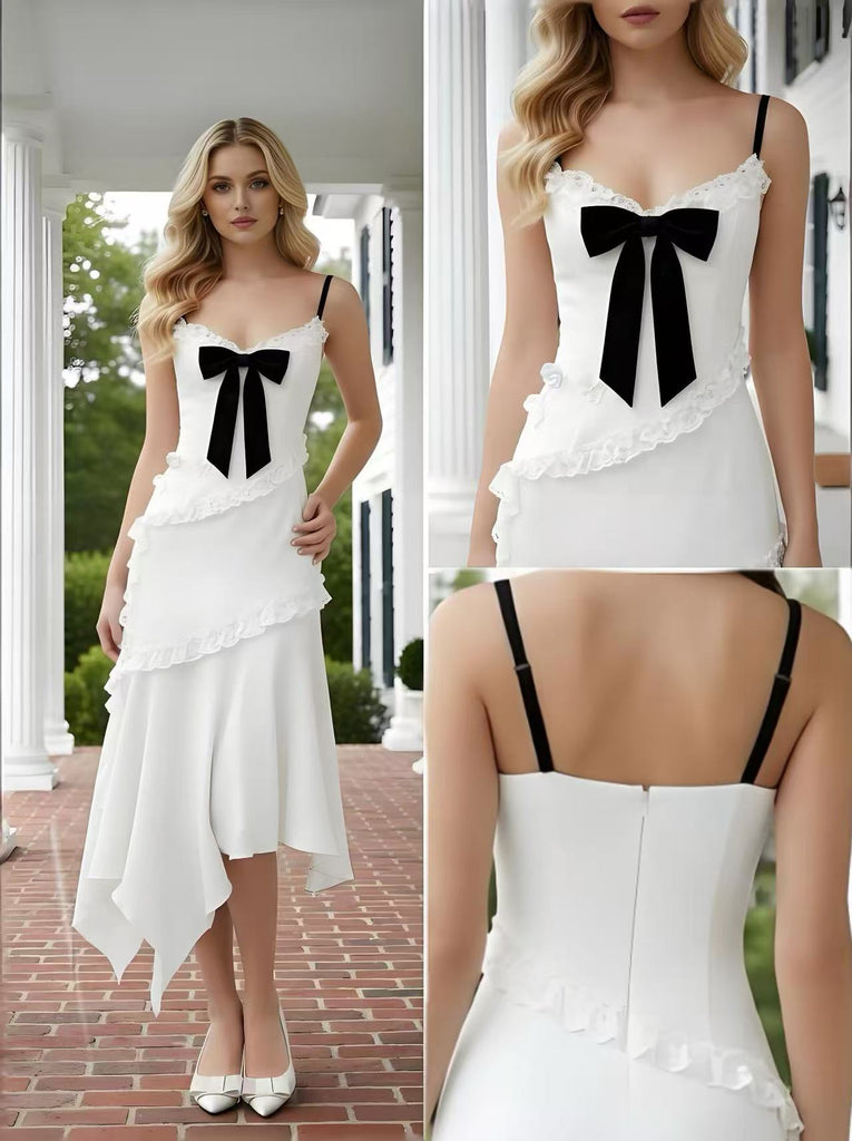 Black Bowknot Spaghetti Straps Ruffles Chiffon Sleeveless Sheath Long Prom Party Dress,PDS11826