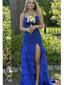 Sparkly Royal Blue Halter Ruffles Side Slit Sleeveless Mermaid Long Prom Party Dress,PDS11774