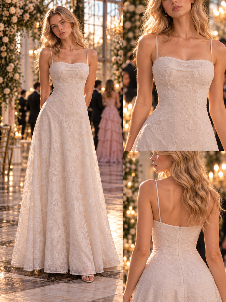 Elegant Spaghetti Strap Floral Lace A-Line Long Wedding Guest Dress,PDS118639